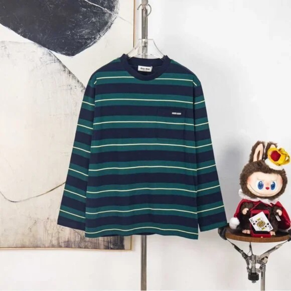 🍭Miu Miu Navy and Green Striped Long Sleeve Tee